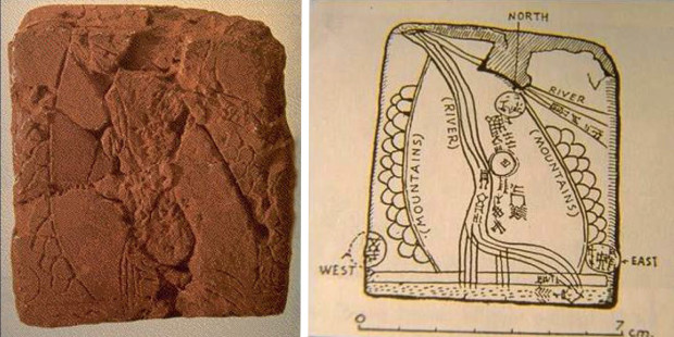 Глиняная табличка карты речной долины с интерпретацией учёных. Фото: https://www.mughallibrary.com/maps-1/clay-tablet-map-from-ga-sur%2C-2%2C500-b.c. 
