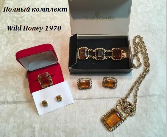 Полный комплект Wild Honey от компании Sarah Coventry. В него входят: подвеска на цепочке, браслет, клипсы, кольцо и серьги для проколотых ушей