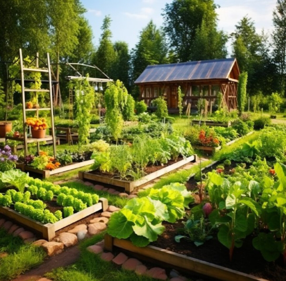 Поднятые и вертикальные грядки смотрятся гармонично 