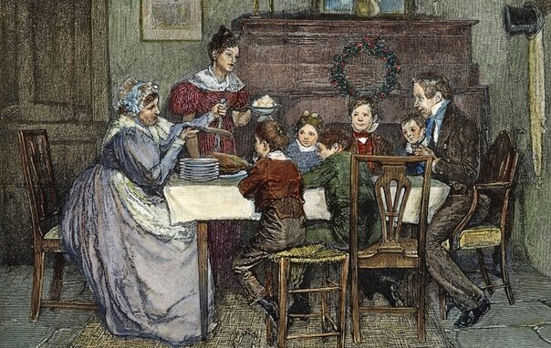 Рождественский ужин Крэтчитов в «Рождественской песне» Диккенса, Это одно из немногих изображений, на которых изображен рождественский гусь Крэтчитов. Edwin Austin Abbey (1852-1911),1876 г