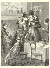 Боб Крэтчит и Тайни Тим возвращаются домой на этой иллюстрации Сола Эйтинга, 1869. Это одна из немногих иллюстраций, на которых Питер Крэтчит готовит картофель на плите в очаге.