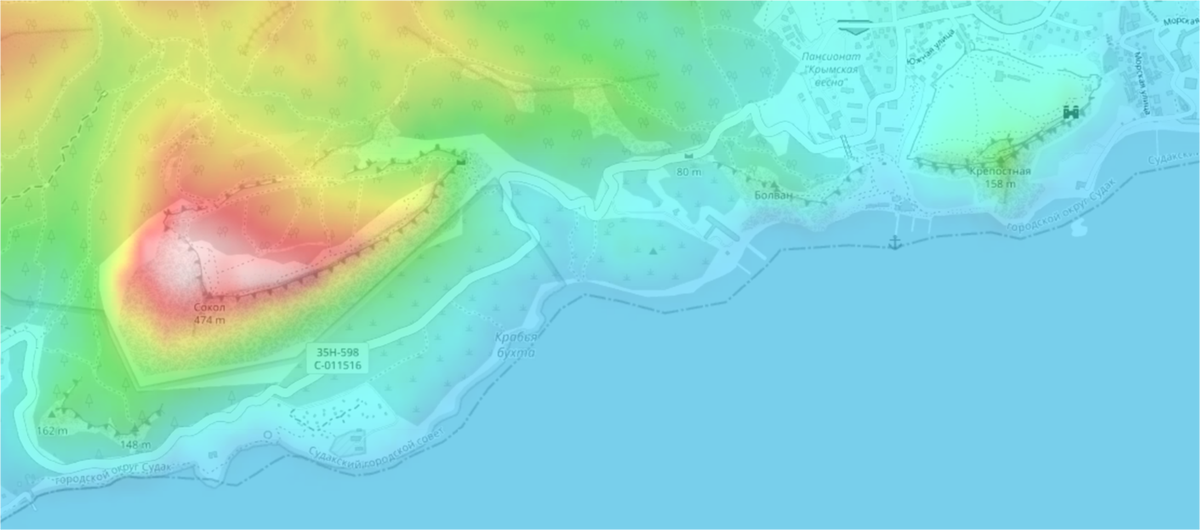 Новый Свет (левый угол) - Судак (правый угол). https://ru-ru.topographic-map.com/map-v7k951/Судак/?center=44.83851%2C34.94387&zoom=15