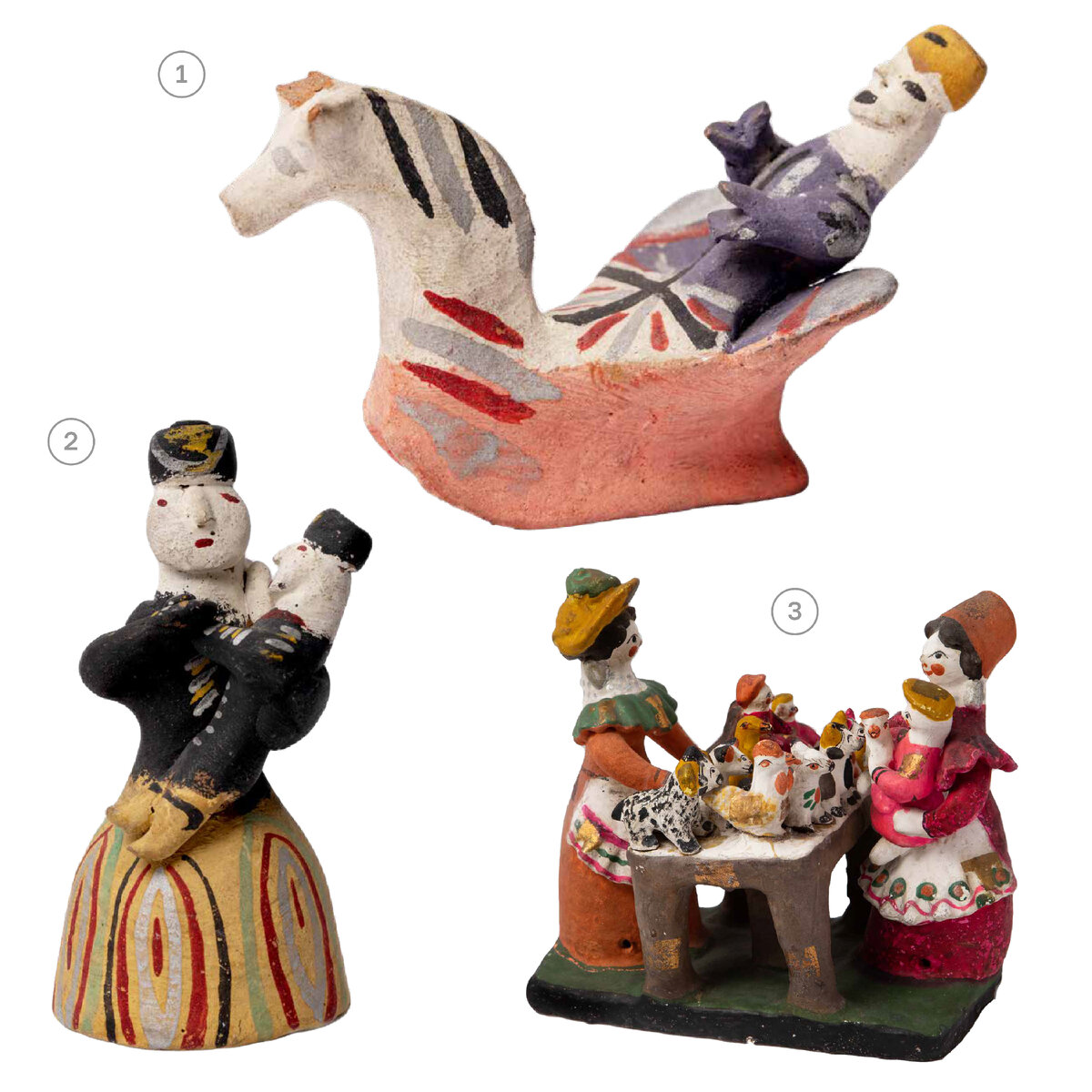 1. Игрушка «Катание в санях». Архангельская обл., Каргопольский р-н, дер. Гринево. 1935 год. Автор: Дружинин И. В. Глина, лепка, роспись. 2. Игрушка «Крестьянка с ребенком». Архангельская обл., Каргопольский р-н, дер. Гринево. 1935 год. Автор: Дружинин И. В. Глина, лепка, роспись. 3. Игрушка «Торговля вятскими игрушками». Киров, слобода Дымково. 1936 год. Автор: Кошкина Е.А. Глина, поталь, лепка, роспись.