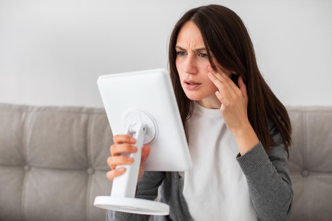    Девушка рассматривает себя в зеркало:Freepik