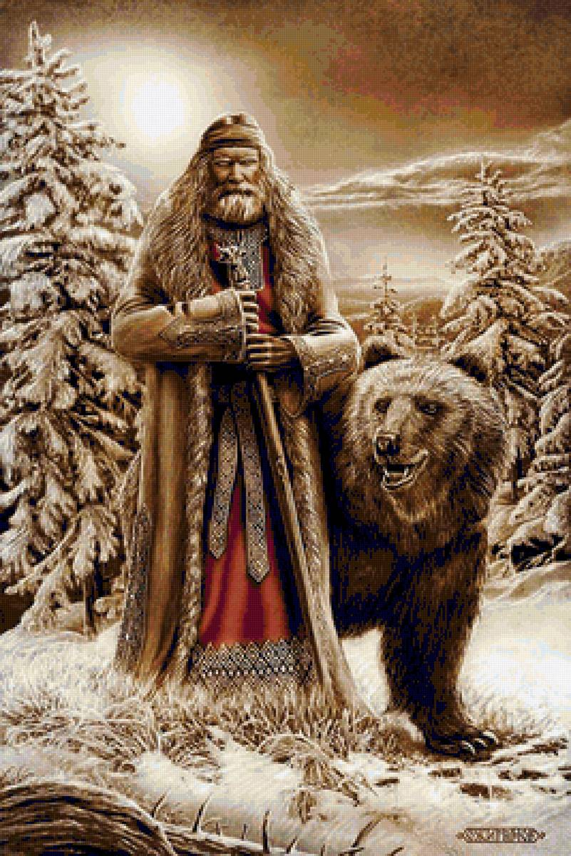 Это скорее всего Велес, так как его всегда сопровождал медведь. Схема не сильно яркая, но и не тусклая. Она довольно большая, даже больше первой. Вот именно такие мотивы стоит брать на всю зиму. А исходя из размеров готовой работы, даже на две или три зимы. Возможно, именно эту схему я начну следующей зимой. Но пока до этого момента ещё далеко. Сюжет мне нравится, Зиму я люблю, медведей - тем более. Мало того, сама по языческому календарю родилась в один из дней Велеса, 28 августа. Да и гамма в тёмных бежевых тонах - моя любимая.