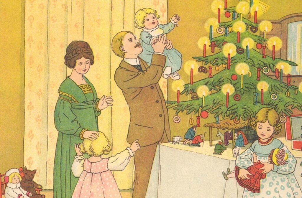 Страница из детской книги о Рождестве, переведенной на многие языки «O Weihnachtszeit - o sel'ge Zeit» (нем.). Иллюстратор Pauli Ebner (1873-1949), Франция