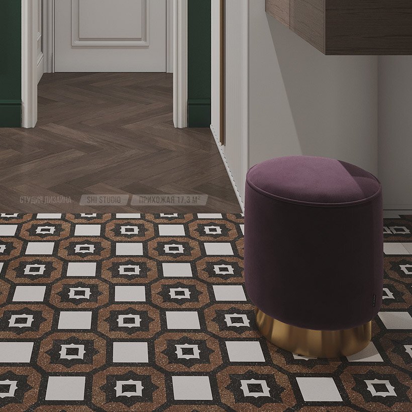 Интерьер прихожей, на полу плитка мозаика
