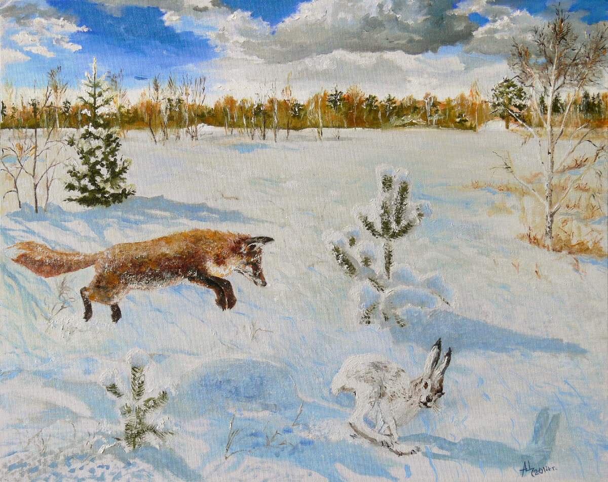 Охота лис на зайцев. Лиса бежит за зайцем. Зайцы в зимнем лесу живопись. Охота на зайца в живописи. Зимний лес живопись.
