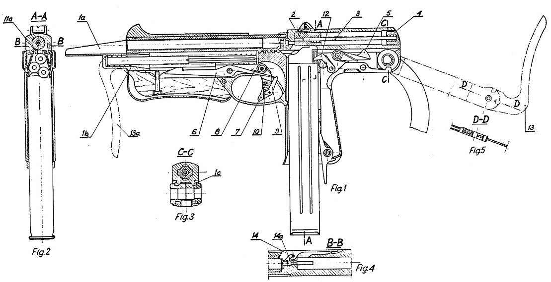 Первоначальный вариант пистолета-пулемета (обратите внимание на деревянное цевье и приклад, складывающийся вниз).