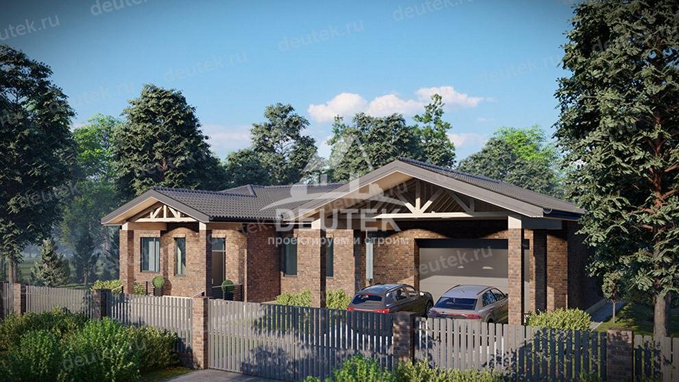 Проект одноэтажного дома 297 м2 с подвалом, двухместным гаражом и навесом для автомобилей - LK-176