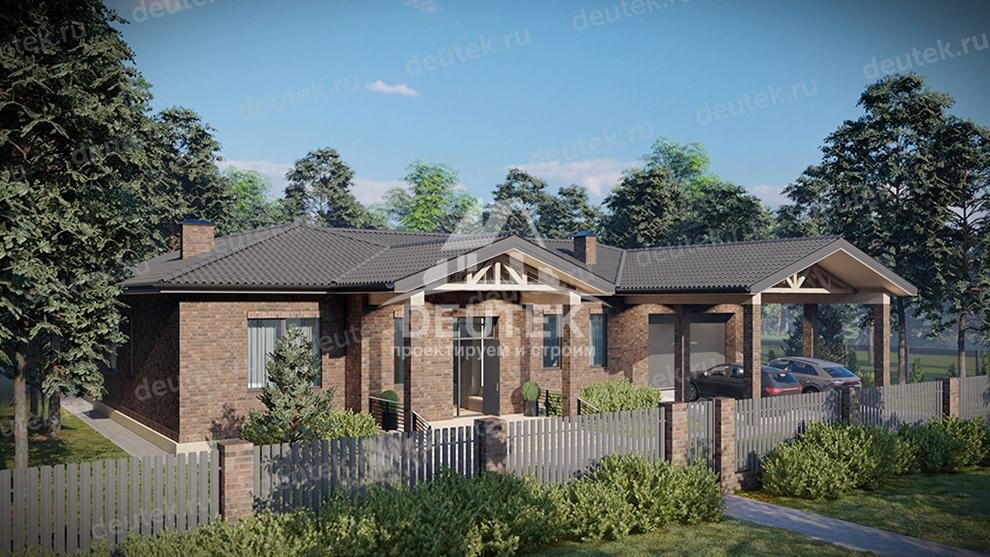 Проект одноэтажного дома 297 м2 с подвалом, двухместным гаражом и навесом для автомобилей - LK-176