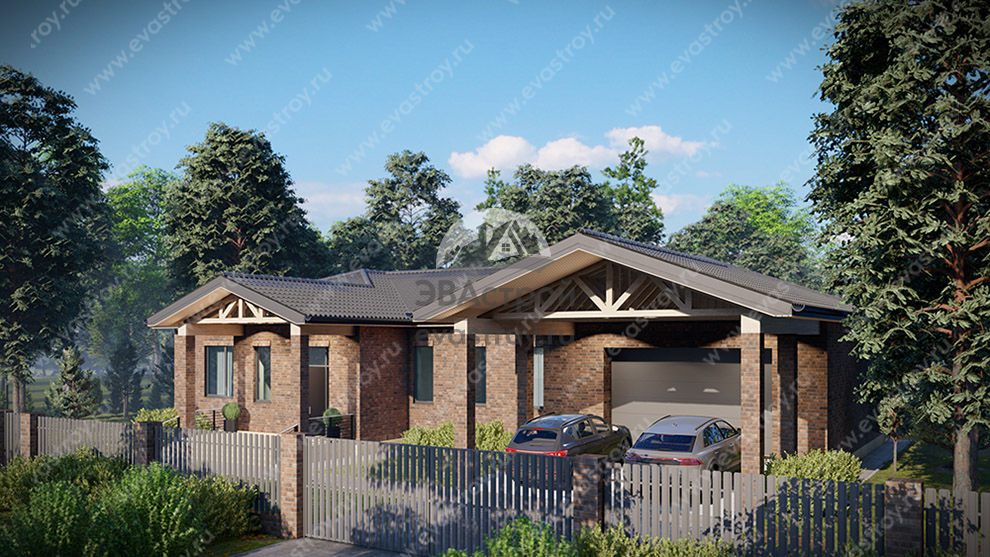 Проект одноэтажного дома с подвалом, двухместным гаражом и навесом для автомобилей - LK-91