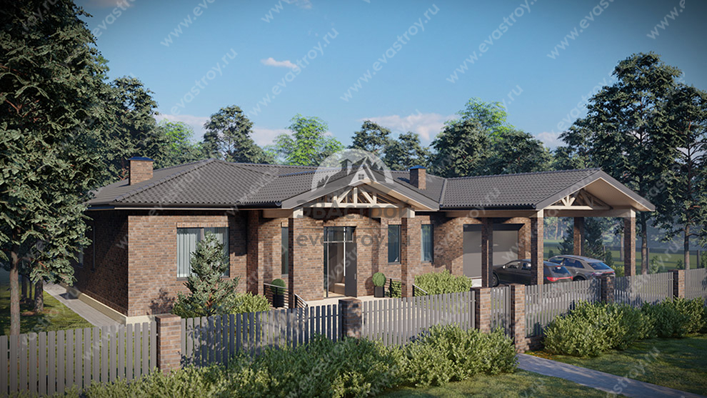 Проект одноэтажного дома с подвалом, двухместным гаражом и навесом для автомобилей - LK-91