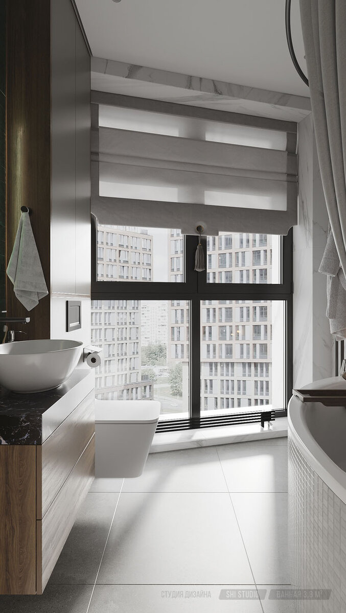 Интерьер квартиры, ванная комната с панорамным окном