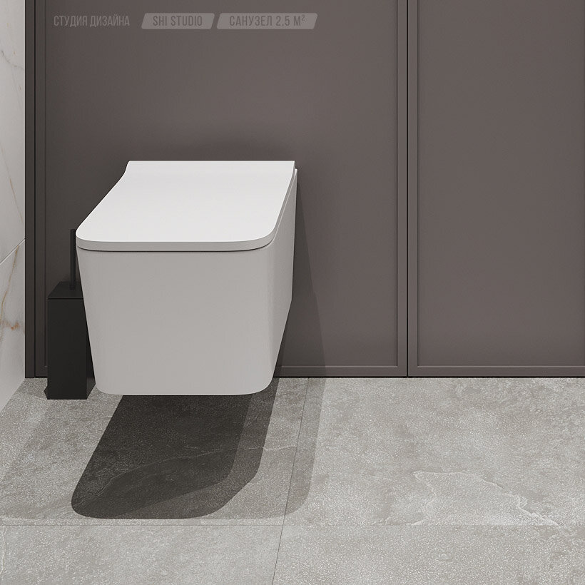 Подвесной белый унитаз, серый пол под бетон в интерьере санузла