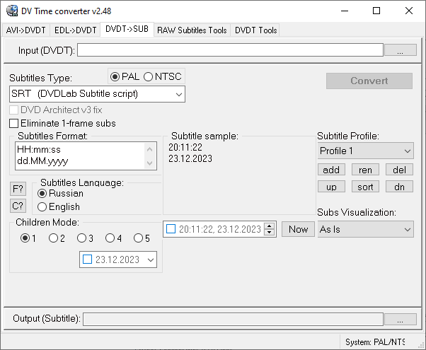 Окно конвертации субтитров из DVDT в STR/SUB/TXT