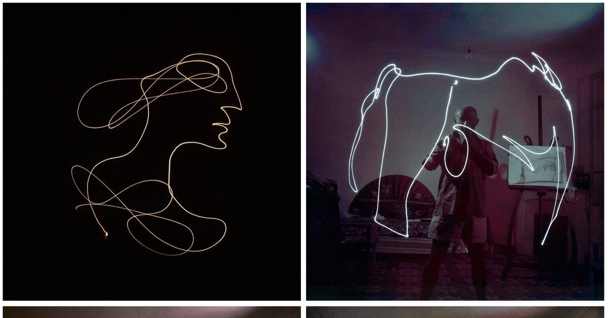 Пабло Пикассо рисует свою световую картину, вместо кисти у него в руках пучок света 