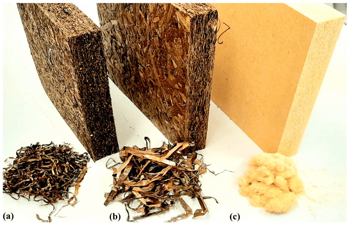 Рисунок 1. Доски из морских водорослей и соответствующее сырье. Доски, изготовленные из листьев Zostera marina (а), листьев Posidonia Oceanica (б) и древесных волокон (в).