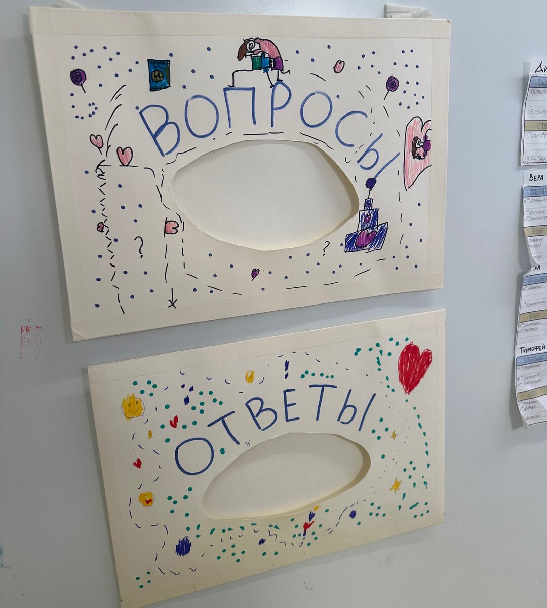 Фото с моего визита школы. Специальные места в классах, где дети задают вопросы, а потом вместе ищут ответы