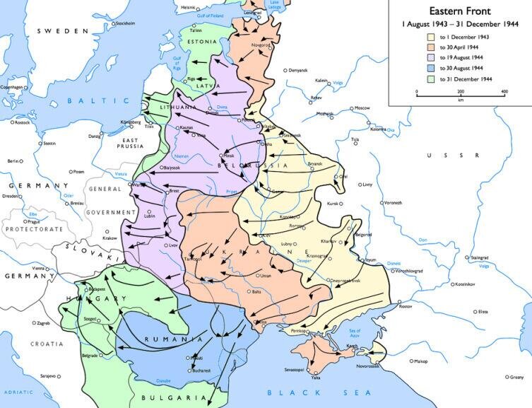    Действия РККА с августа 1943 по декабрь 1944 года  Фото: Gdr, по лицензии CC BY-SA 3.0