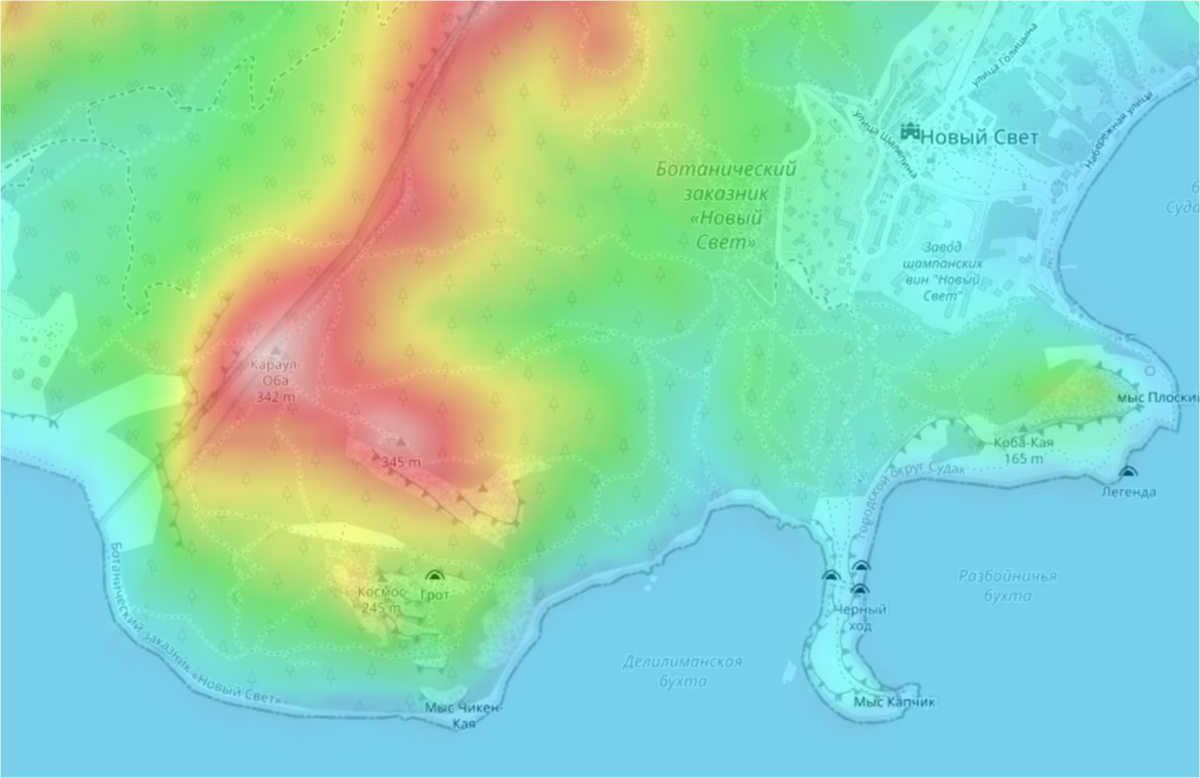 Топографическая карта района к западу от Нового Света. https://ru-ru.topographic-map.com/map-v7k951/Судак/?center=44.82214%2C34.89775&zoom=15