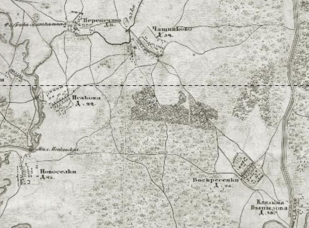Чашниково и Воскресёнки на карте окрестностей Москвы 1878 года. О второй деревне речь пойдёт чуть ниже. С сайта www.retromap.ru.