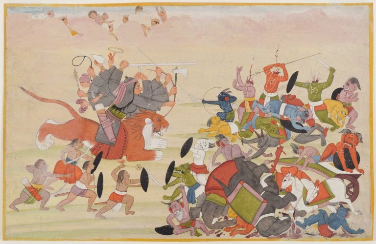 Махадеви сражается с армией асуров (справа), лист из Деви Махатмьи. Фото: brooklynmuseum.org