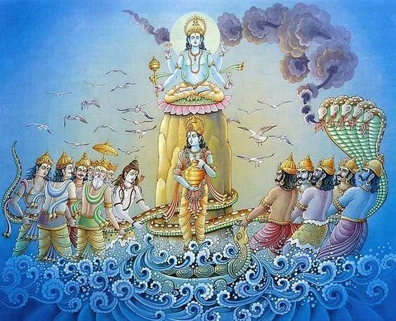 Боги (слева) и асуры (справа) пахтают океан. Изображение: amritrahasya.blogspot.com 