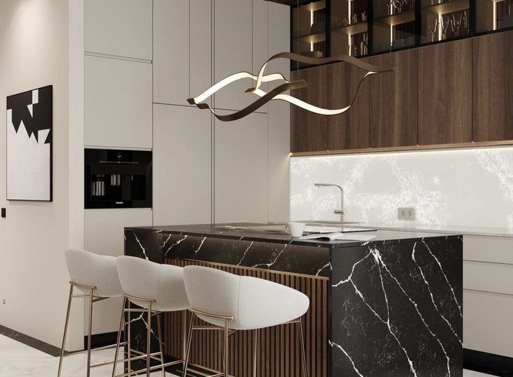 Угловая кухня с обеденной зоной