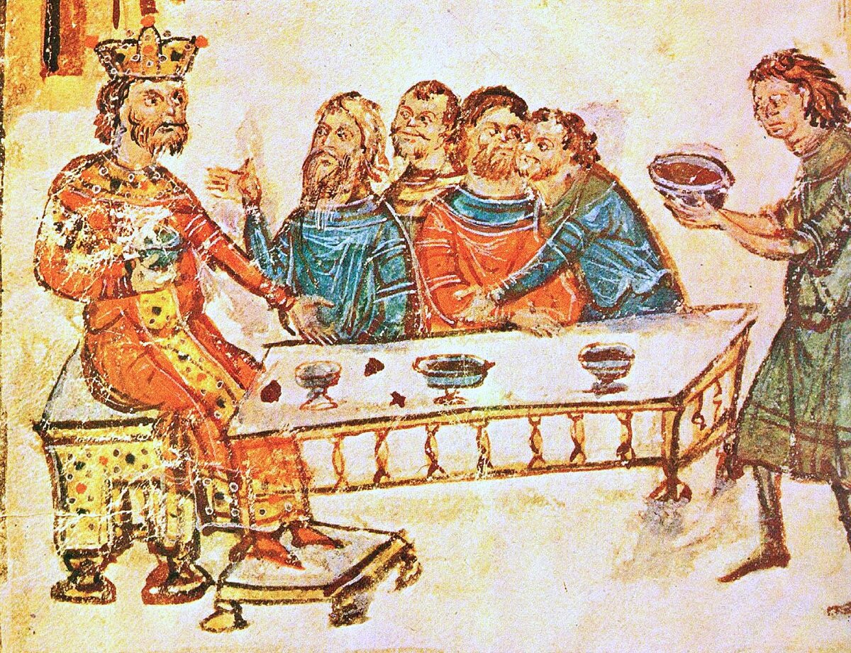 Хан Крум на пиру, византийская книжная миниатюра.