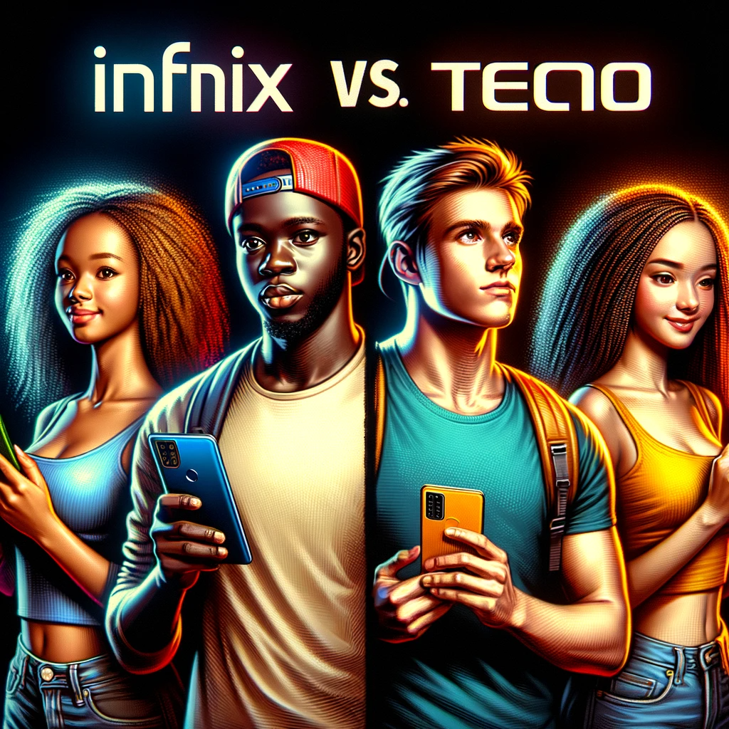 изображение ображающее молодых людей, использующих смартфоны Infinix и Tecno, чтобы подчеркнуть различия в стиле и функциональности