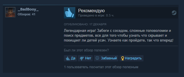 Скриншот одного из отзывов со страницы в Стим.