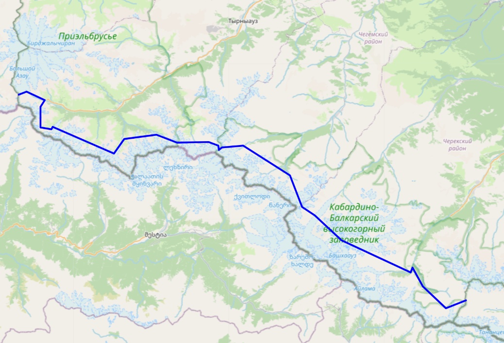 Синий трек –  схема пределов пограничной зоны на территории Кабардино-Балкарской республики от 15.09.23