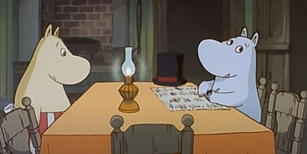 Керосиновая лампа, газета, цилиндр Муми-папы, передник Муми-мамы.