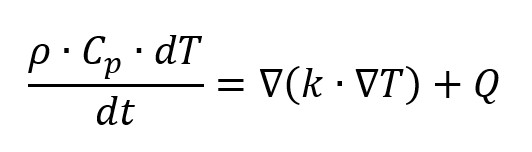 где ρ - плотность материала, C_p - теплоемкость материала, T - температура, t - время, k - коэффициент теплопроводности, ∇ - оператор градиента, Q - источник тепла.