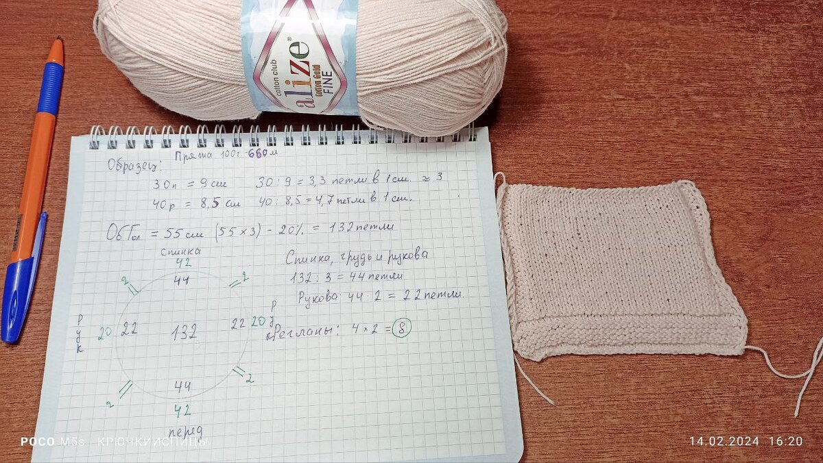 Первичный расчёт набора петель на горловину, регланом сверху.