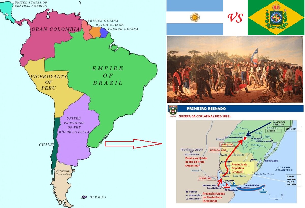Карта Южной Америки в 1825 году - слева, спорная провинция и ход боевых действий - справа.