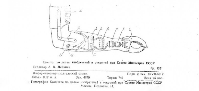 Первый бионический протез. Рисунок из авторского свидетельства