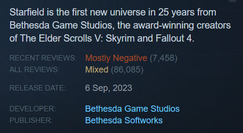     Рейтинг Starfield в Steam