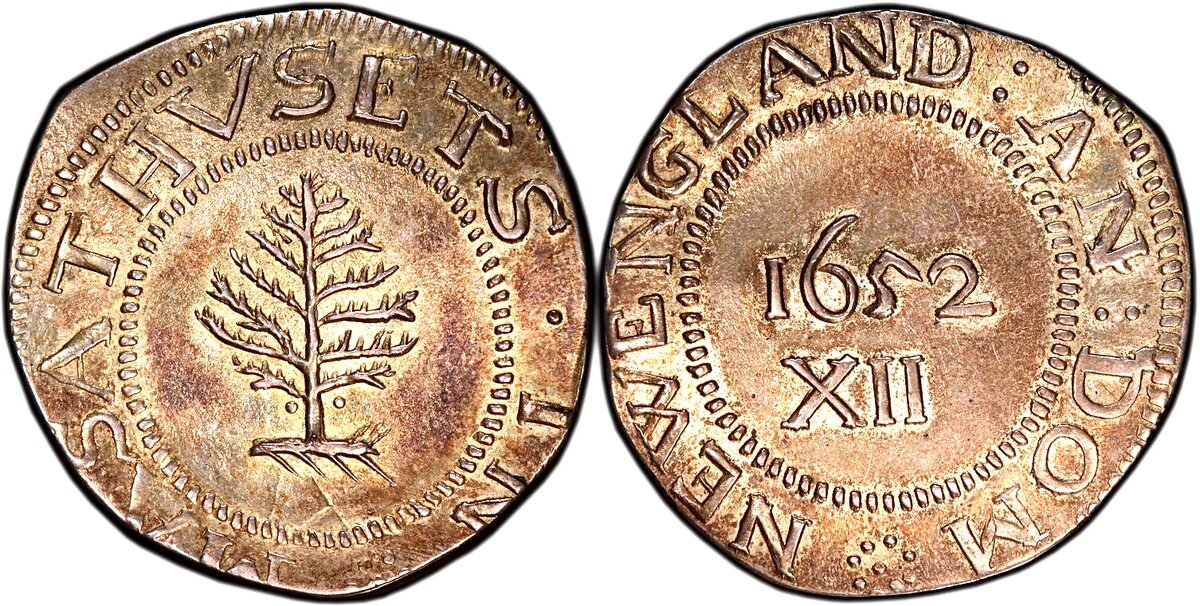 Серебряная монета 1 шиллинг штата Массачусетс чеканки 1652 года