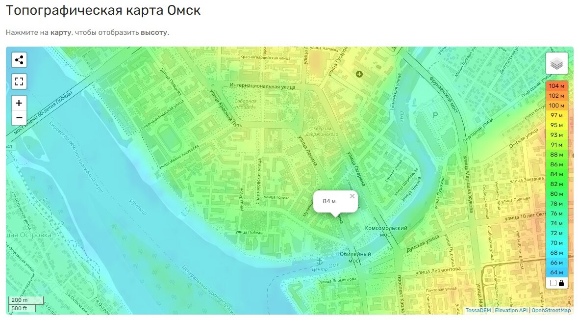 Топографическая карта Омска. Высота московских торговых рядов