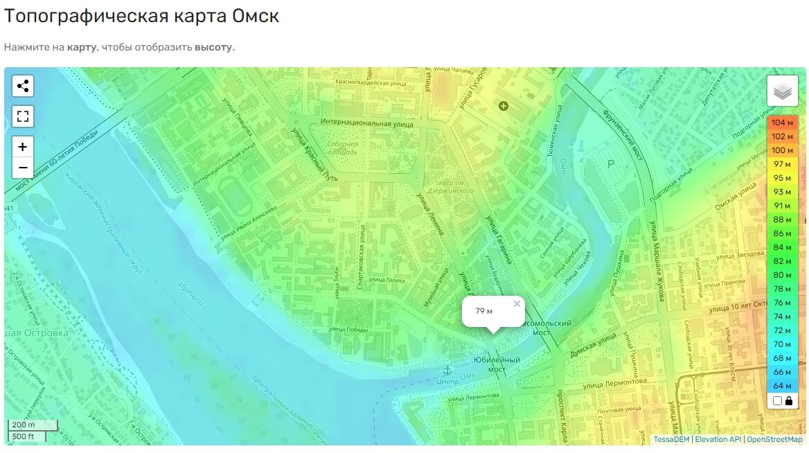 Топографическая карта Омска. Высота торгового дома Левина