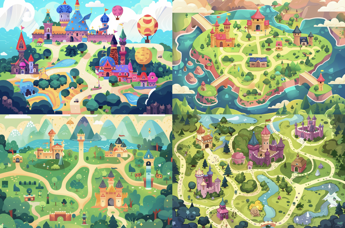 Промпт: map of magic Land mobile game, flat, cute style --ar 3:2 --v 6.0