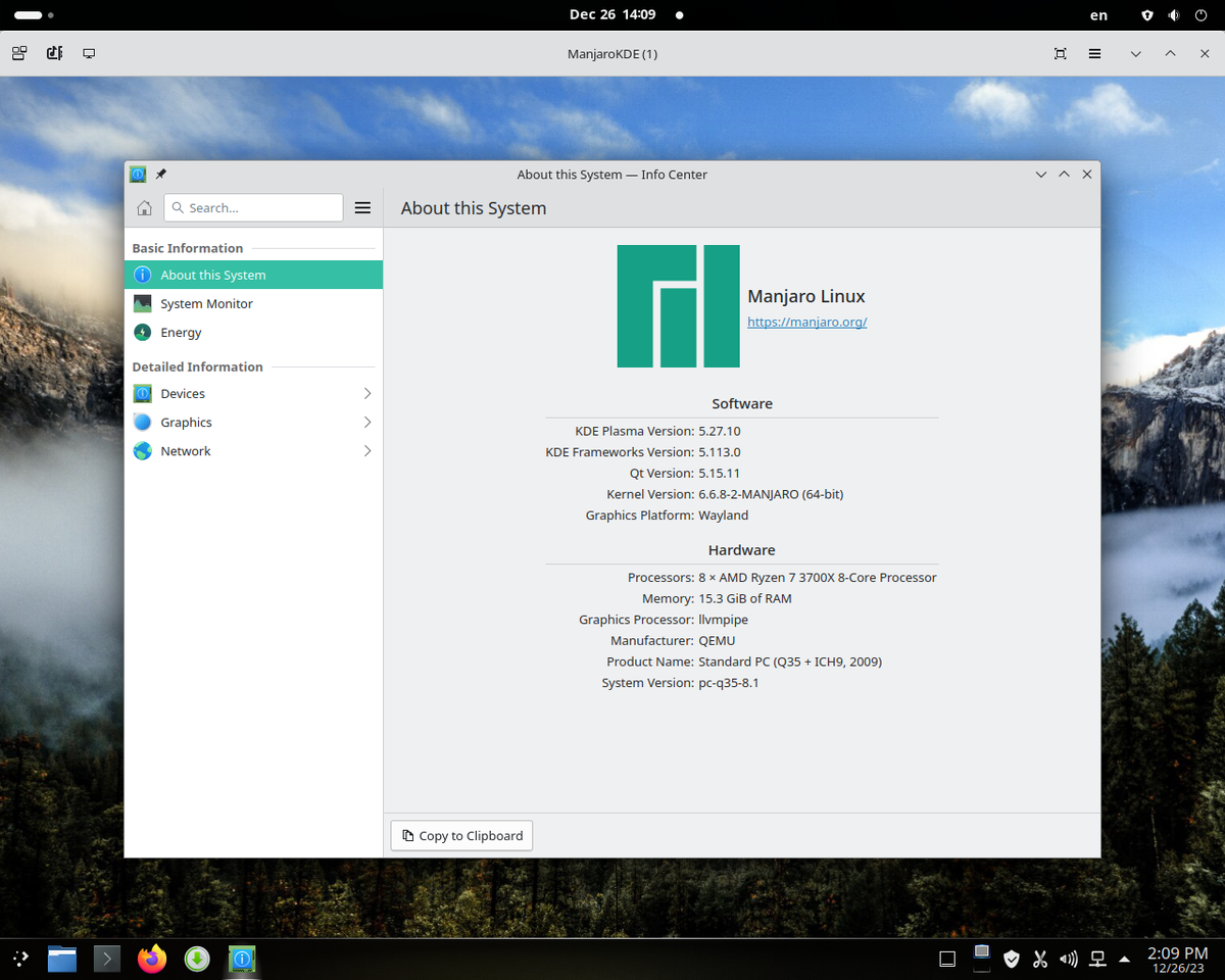 The most recent Manjaro build running Wayland session ( kernel 6.6.8 )