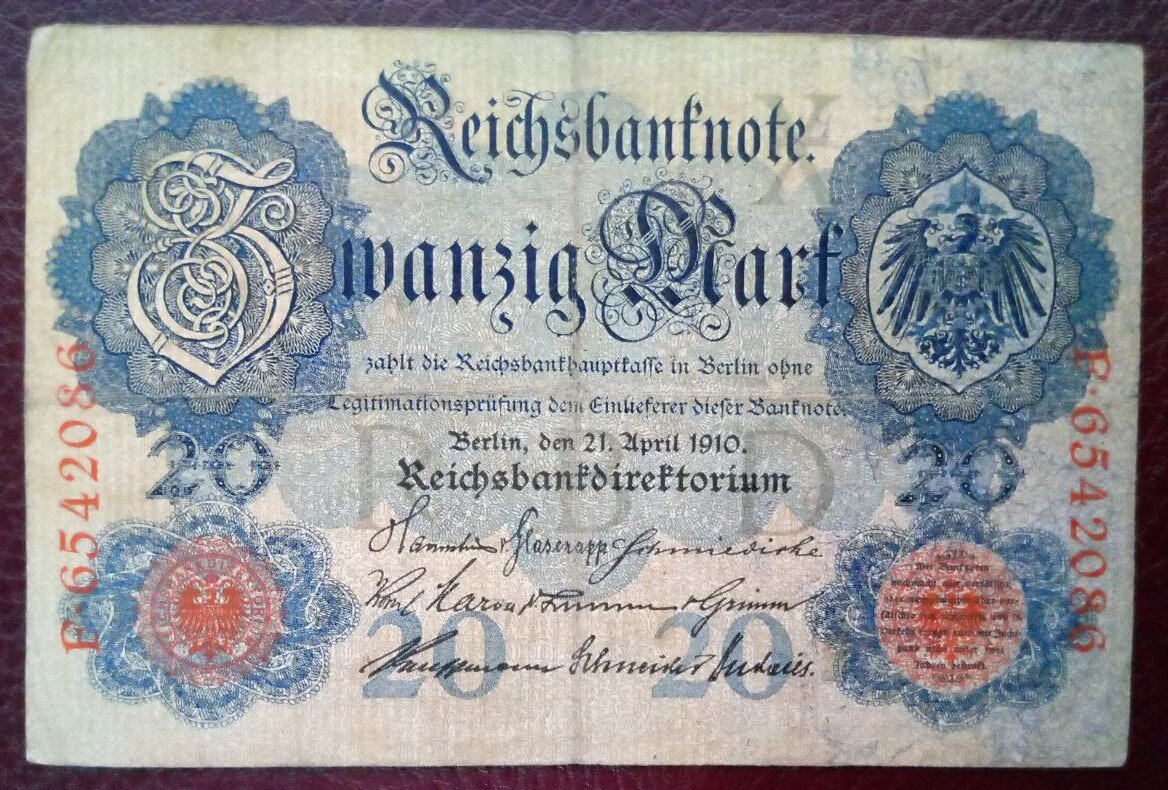 Банкнота, номиналом в 20 марок, 1910 год. Фото Автора.
