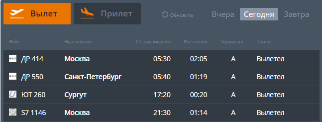 Фото: онлайн-табло челябинского аэропорта.