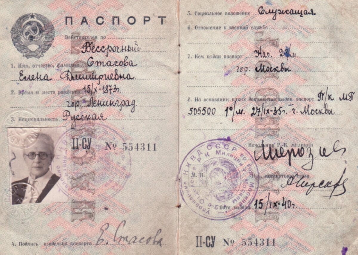 Фотография. Паспорт Е.Д. Стасовой 1940. Москва