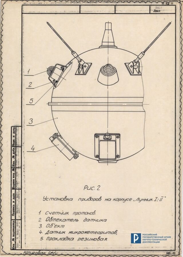 Установка приборов на корпусе Лунника-1. 1958 г. РГАНТД. Ф. 107. Оп. 4. Д. 59. Л. 1.