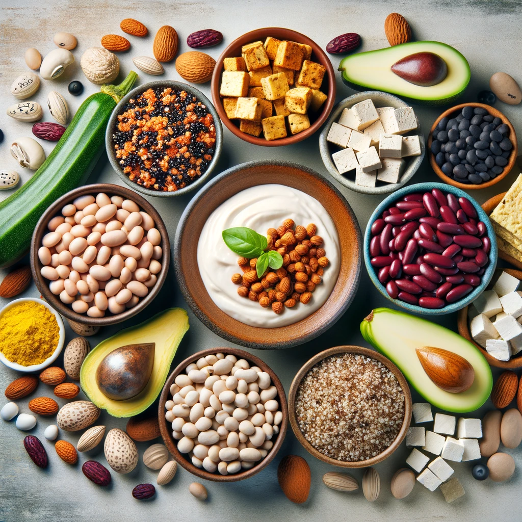 Изображение разнообразных веганских источников белка, таких как бобы, чечевица, тофу и киноа, демонстрирующее сбалансированный рацион веганского атлета.