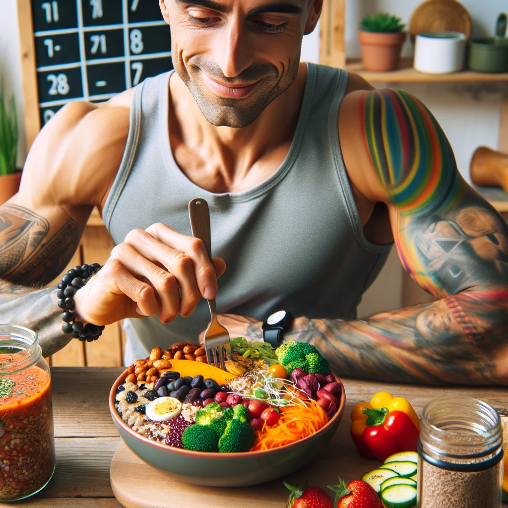 Изображение веганского атлета, наслаждающегося красочным и питательным обедом, наполненным овощами, злаками и растительными белками.